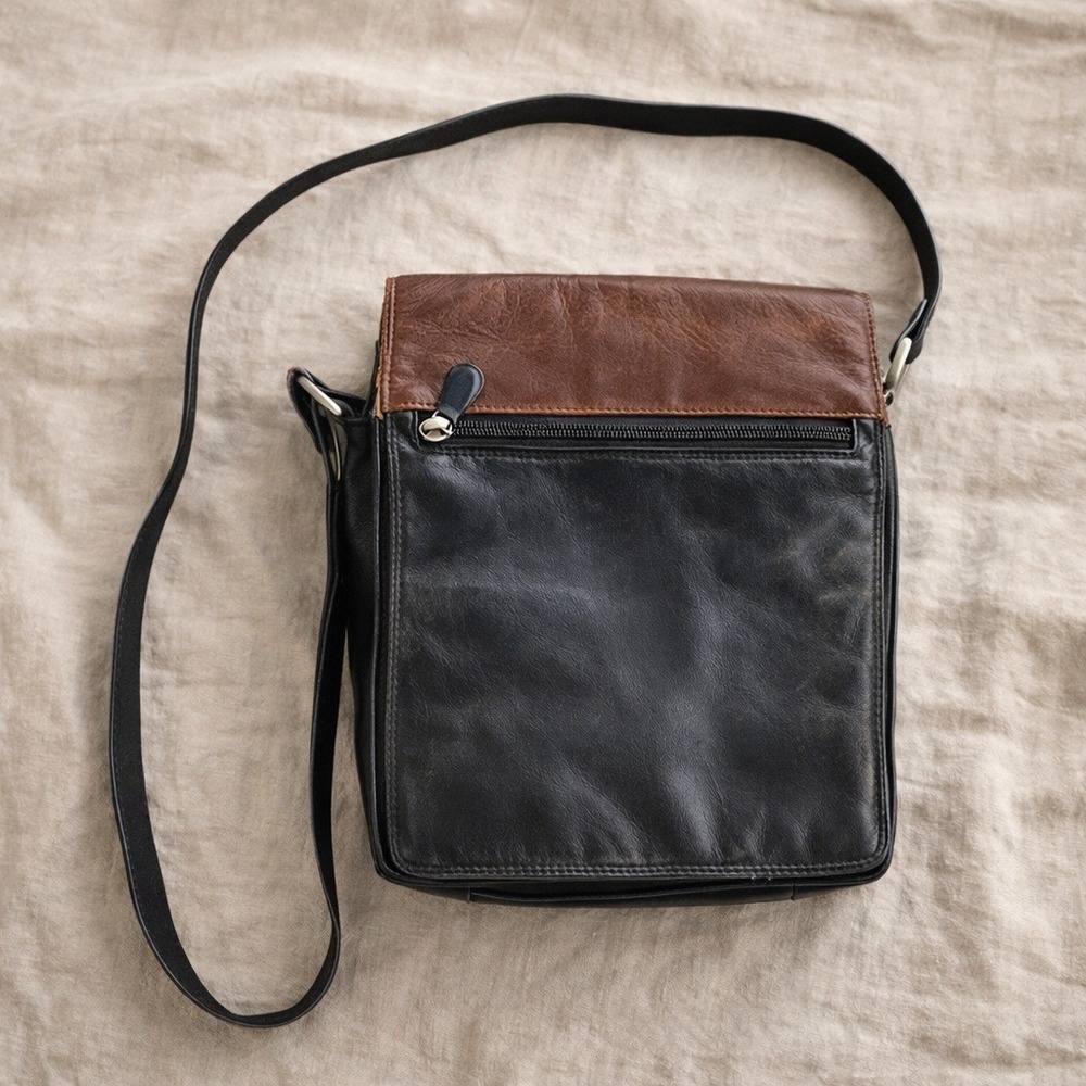 Derek Alexander Leather Organizer Crossbody Bag Black Brown Plaid Multi Pocket